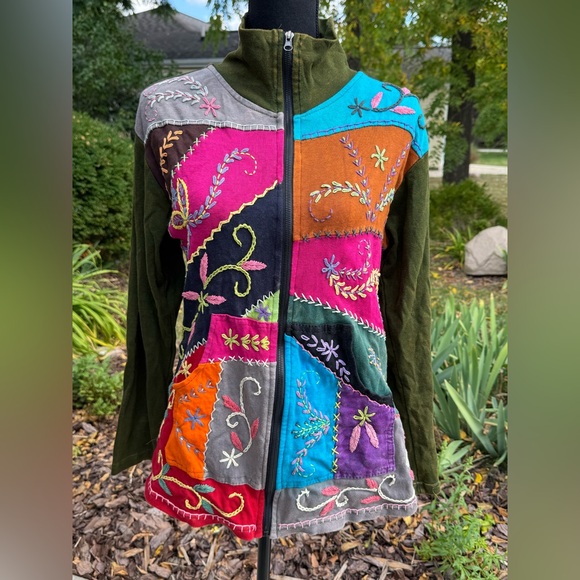 Colorful Embroidered Patchwork boho hippie Women's Jacket L XL - Picture 4 of 6